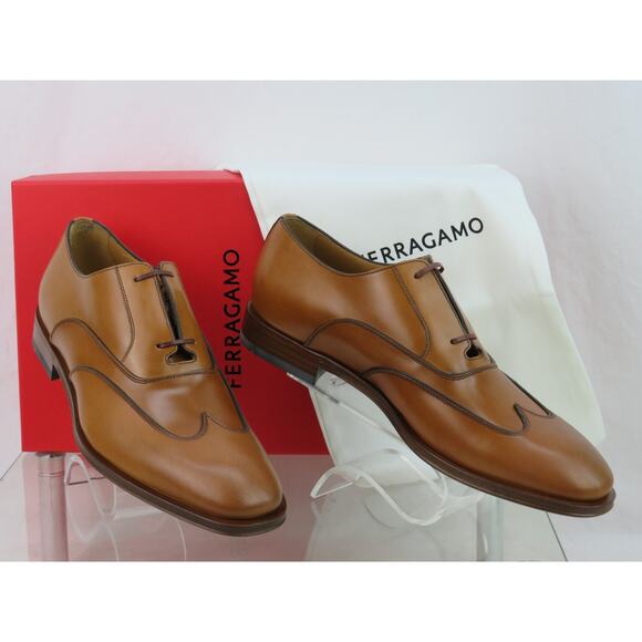NIB FERRAGAMO CORIAN BROWN TAN BROGUE LEATHER OXFORDS 8 EE